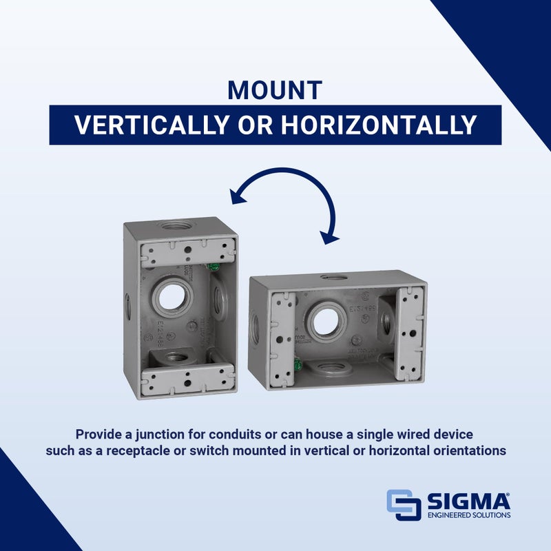 Sigma Electric SIGMA ENGINEERED SOLUTIONS 14251-5X Metal Electrical Outlet Box, Weatherproof, Easy Mount Plug and Receptacle Protector, Gray, (5) 1/2-Inch Holes, 1 Gang Box with Side Entry - Image 2